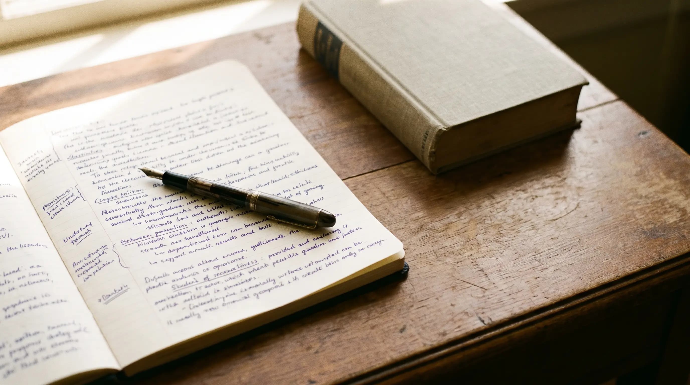 Handwritten lecture notes in indigo ink on a wooden desk beside a closed textbook, in warm window light