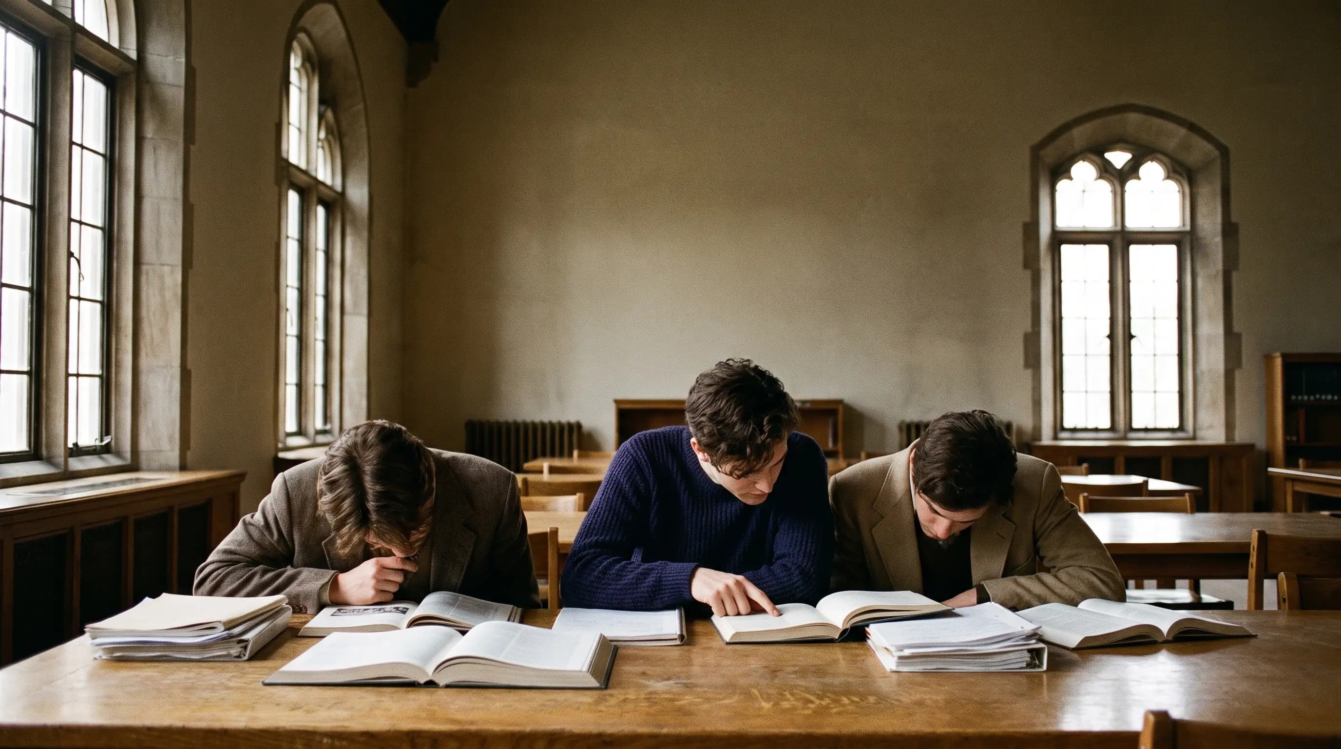 Three students working head-down over printed notes and open books at a long library table, in warm afternoon light